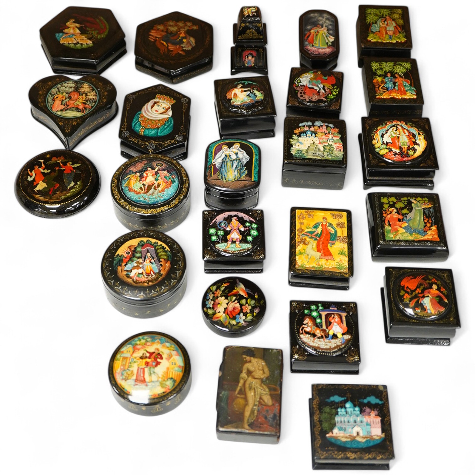 Twenty five Russian assorted lacquer pill and trinket boxes. Largest 10cm deep.